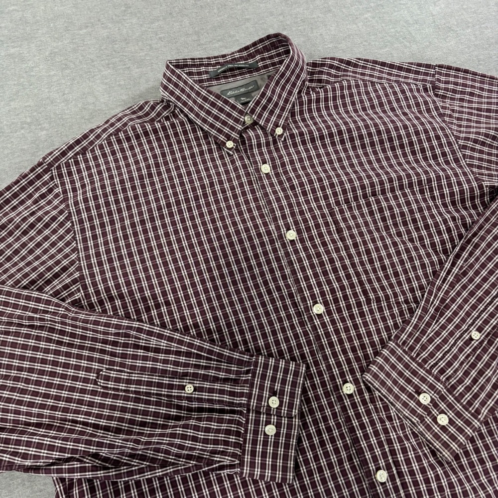 Eddie Bauer Mens TXL Burgundy Plaid Wrinkle Free Relaxed Fit Button Down Shirt